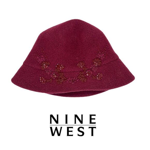 Nine West Wool Blend Cloche Hat – Burgundy with Floral Sequin Detail - Picture 1 of 6